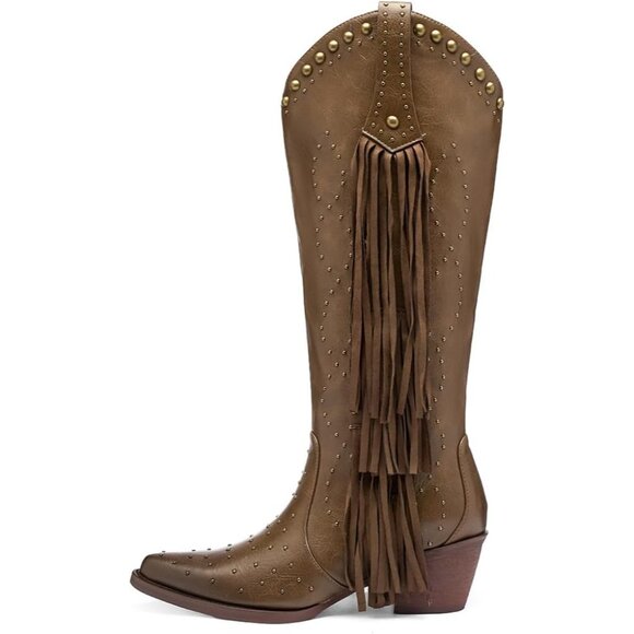 Women's Brown Fashion Pointed Toe Chunky Heel Rivet Pull-On Knee High Fringe - Picture 4 of 8
